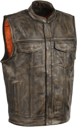 Men's BROWN DISTRESSED SOA Men's Naked Cowhide Leather Vest Zipper & Snap Front w/ 2 Inside Gun Pockets & Single Panel Back (X-Large) X-Large Black