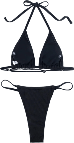 Women Ribbed Halter String Triangle Bikini Set Sexy Thong Two Piece Brazilian Swimsuits Bathing Suit Small Black