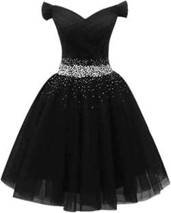 YDL Women's Short Prom Party Gowns A Line Tulle Homecoming Dresses Beaded 16 Black