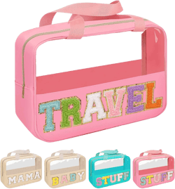 Chenille Letter Patch Travel Bag, Preppy Clear Makeup Cosmetic Bag Large Toiletry Storage Tote Bag with Handle, Transparent Nylon Waterproof Organizer Zipper Pouch for Travel Women Girls(Pink) Travel-Pink