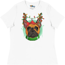 Frenchie Wearing Antlers & Christmas Lights Women's Relaxed Tee | Red & White Colored Female