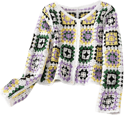 Women Y2k Crochet Knit Sweater Granny Floral Embroidery Boho Long Sleeve Pullover Hollow Button Crew Neck Cardigan (B Green, One Size) at Amazon Women’s Clothing store