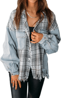 Plaid Patchwork Fringed Flap Pockets Denim Jacket