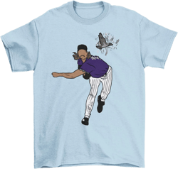Randy Johnson Hits a Bird Baseball T-Shirt Small White