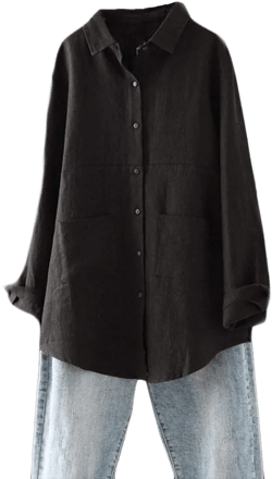 Minibee Women's Linen Shirts Button Down Long Tunic Tops Plus Size Blouse With Pockets X-Large Black