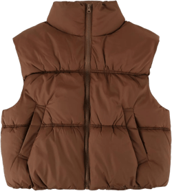 Gihuo Women's Quilted Crop Top Puffer Vest Lightweight Zip Up Jackets Stand Collar Padded Gilet with Pockets Large Brown