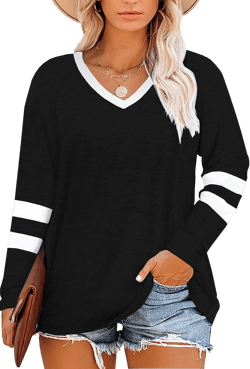 Haloumoning Women's Plus Size Tops Striped Long Sleeve V neck T Shirts Color Block Casual Tunics Tee Shirt X-Large A-black