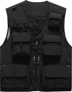 Flygo Men's Casual Lightweight Outdoor Fishing Work Safari Travel Photo Cargo Vest Jacket Multi Pockets XX-Large Black