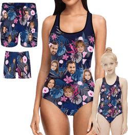 Personalized Family Matching Swimsuit Custom Face Mommy and Me Dad & Son Swimwear Swim Trunks for Men Women Kids Floral 01