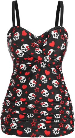 ROSE GAL Rosegal Plus Size Women 2 Piece Swimsuit Skull Heart Print Ruched Tummy Control Tankini Swimwear Black_6 1X