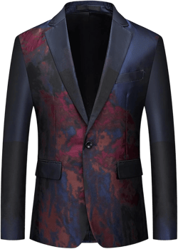UNINUKOO Mens Floral Tuxedo Suit Jacket Casual Dress Party Flower Pattern Blazer for Men 40 Red Navy