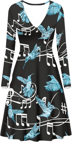Forchrinse Tropical Hibiscus Palm Dresses Womens 2023 Tank Dresses Long Sleeve Swing T Shirt Dress Flowy Midi Sundress,XS-4XL 4X-Large Blue Hummingbird Music Note