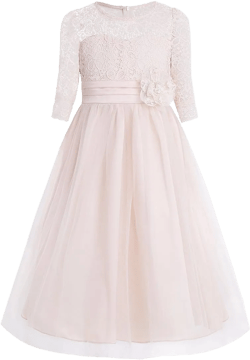 JEATHA Kids Wedding Bridesmaid Flower Girl Dress Half Sleeves Floral Lace Splice Mesh Tulle Ball Gown 6 Champagne