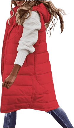 Long Puffer Vest for Women Padded Sleeveless Hooded Jackets Winter Warm Puffy Coats Outerwear Vests with Pockets 3X-Large Red