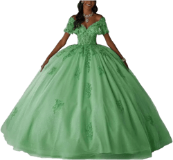 Asulla Off Shoulder Lace Sequins Quinceanera Prom Dress Long Sweet 15 16 Formal Evening Ball Gowns Puffy 18 Aquamarine