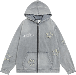 Men Denim Jacket Washed Long-Sleeved Denim Jacket Men's Spring and Autumn Embroidered Hooded Jacket Loose