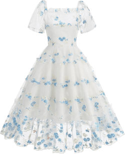 IDOPIP Women Floral Embroidery Tulle Swing Dress 50s Vintage Wedding Cocktail Prom Gown Square Neck Tiered Smocked Midi Dress Large White+blue