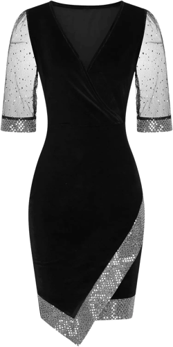 NaRHbrg Women Wrap V Neck Bodycon Mini Dress Chiffon Long Sleeves A-Line Dress Ruched Asymmetrical Hem Cocktail Party Dress 4X-Large Black