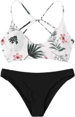 SweatyRocks Women's Sexy Bathing Suit Floral Print Cross Back Bikini Set Swimsuits Large Black-3
