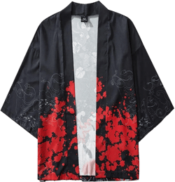 Japanese Kimono for Men Summer Baggy Lightweight Open Front Cardigan 3/4 Sleeve Oversized Traditional Printed Jacket B-Black