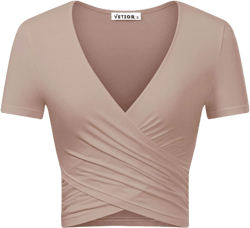 VETIOR Women's Sexy Deep V Neck Short Sleeve Unique Slim Fit Cross Wrap Shirts Crop Tops Going Out Tops at Amazon Women’s Clothing store