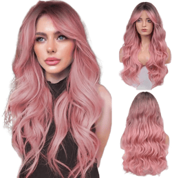 HAIRCUBE Long Pink Wavy Wig for Women Ombre Pink Wig Dark Root 26 Inch with Bangs Curly Wavy Wig Natural Looking Synthetic Heat Resistant Fiber Wig for Daily Party Use （Pink aslc1045-3
