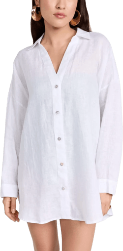 L*Space Rio Tunic for Women, Button Down Collared Shirt, Long Sleeve Top With Buttoned Cuffs, Beach Cover Up, 100% Linen X-Large White