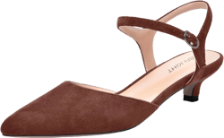 AMBELIGHT Womens Suede Office Pointed Toe Adjustable Strap Buckle Solid Dress Kitten Low Heel Pumps Shoes 1.5 Inch 11 Caramel Brown