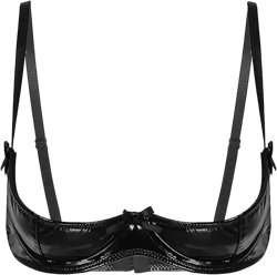Women's Underwire Push Up Shelf Bra 1/2 Cup Demi Balconette PVC Leather Unlined Bralette 3X-Large Black