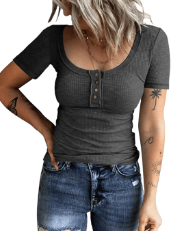 KINLONSAIR Women’s Short Sleeve Henley T Shirts Button Down Slim Fit Tops Scoop Neck Ribbed Knit Shirts Dark Grey Small