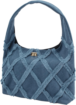 Fashion Denim Canvas Shoulder Bag Women Tote Bag Quilted Distressed Tassel Satchel Purse A-blue