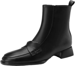 TinaCus Women's Genuine Leather Handmade Round Toe Low Chunky Heels Side Zip Up Casual Ankle Boots 8.5 Black