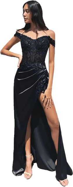 Women's Off Shoulder Mermaid Ball Dress Satin Lace Applique Formal Evening Dress High Slit 20 Black