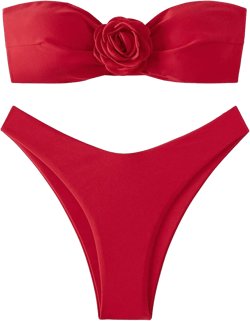 OYOANGLE Women's 2 Piece Bikini Sets 3D Floral Appliques Strapless Sleeveless High Cut Solid Bandeau Swimsuits