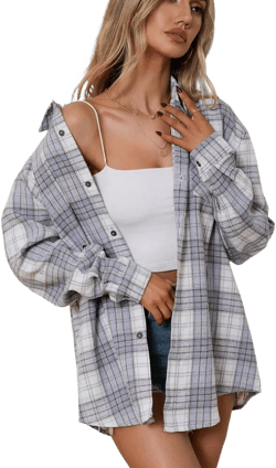 Whizmax Womens Spring Fashion 2023 Plaid Flannel Jacket Casual Long Sleeve Button Collared Neck Oversized Shirts white blue M