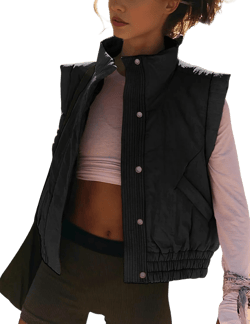 SKIKYAN Women Quilted Puffer Vest Button Down Scrunch Sleeveless Winter Stand Collar Padded Gilet with Pockets Small Black
