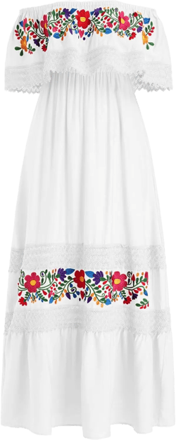 OBEEII Mexican Embroidered Dress for Women Traditional Off Shoulder Floral Embroidery Lace Cinco de Mayo Fiesta Maxi Dress XX-Large White