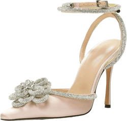 Women's Heeled Sandals Pointed Toe Crystal Heart Glitter Pumps Rhinestones Embellished Ankle Strap Slip-On Stilettos Wedding Party Dress Shoes 11.5 Nude Flower
