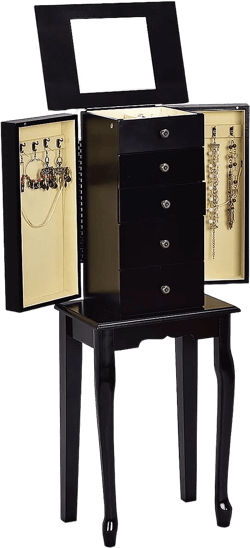 GOFLAME Jewelry Cabinet Armoire with Top Mirror, 5 Drawers, 2 Swing Doors, Wooden Jewelry Treasure Storage Chest with Large Storage, Standing Jewelry Organizer (Black)