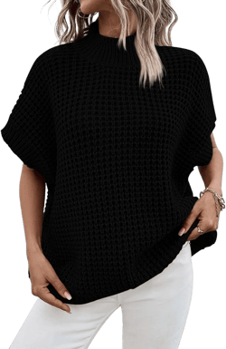 Pink Queen Women's Mock Neck Batwing Short Sleeve Loose Oversized Knit Pullover Sweater Vest Jumper Tops Black Large