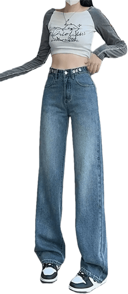 Women High Waist Wide Leg Loose Straight Adjustable Waist Denim Pants Small Retro Blue-plus