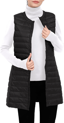 ELFJOY Long Puffer Vest Lightweight Womens Vests Outerwear Button Round Neck Sleeveless Long Down Vest No Collar