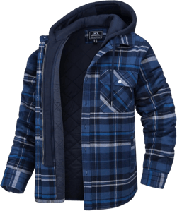 MAGCOMSEN Men's Flannel Jacket with Removable Hood 5 Pockets Quilted Plaid Shirt Jackets Winter Coats Thick Flannel Hoodie