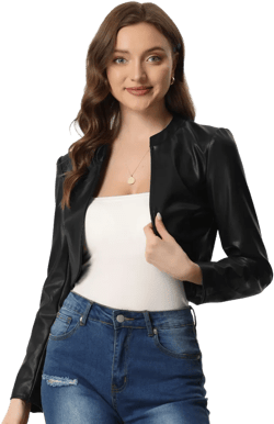 INSPIRE CHIC Women's PU Bolero Open Front Leather Cropped Long Sleeve Jacket Black X-Small