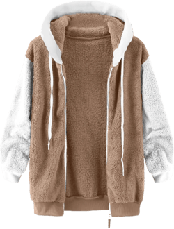hlysgo Fuzzy Fleece Jacket Womens 2025 Winter Warm Color Block Patchwork Hoodies Plus Size Coats Outerwear with Pockets 08 Khaki XX-Large