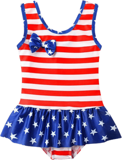 July 4th Rash Guard for Baby Girl Ruffled Single Piece American Flag Print Bow Beach Swimwear Swimsuit Red 6-7 Years