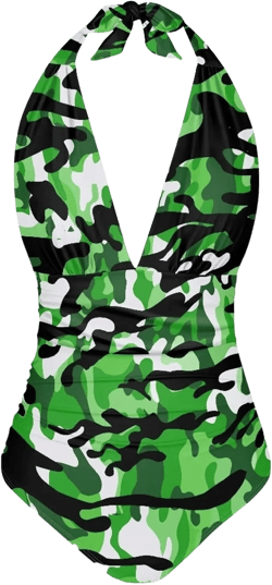 Yuuxorilu One Piece Swimsuit Women Plus Size Tummy Control Halter Bathing Suit Ruched V Neck Swimwear X-Large Green Camouflage Printed
