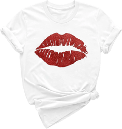 Oversized Shirts for Women Valentine's Day Red Lip Print Pullover Tops Crew Neck Short Sleeve Fashion Graphic Tee Shirts Gifts for Friends Female (A11 White,M)