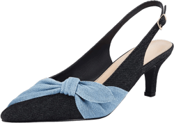 Coutgo Womens Bow Heels Slingback Pumps Low Kitten Heels Closed Pointed Toe Sandals Denim Dress Shoes 8.5 Black