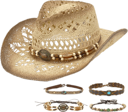 Straw Cowboy Hats for Women & Men, Boho Wide Brim Cowgirl Hat with Decorative Bands Hats for Western Outfit Light Brown One Size